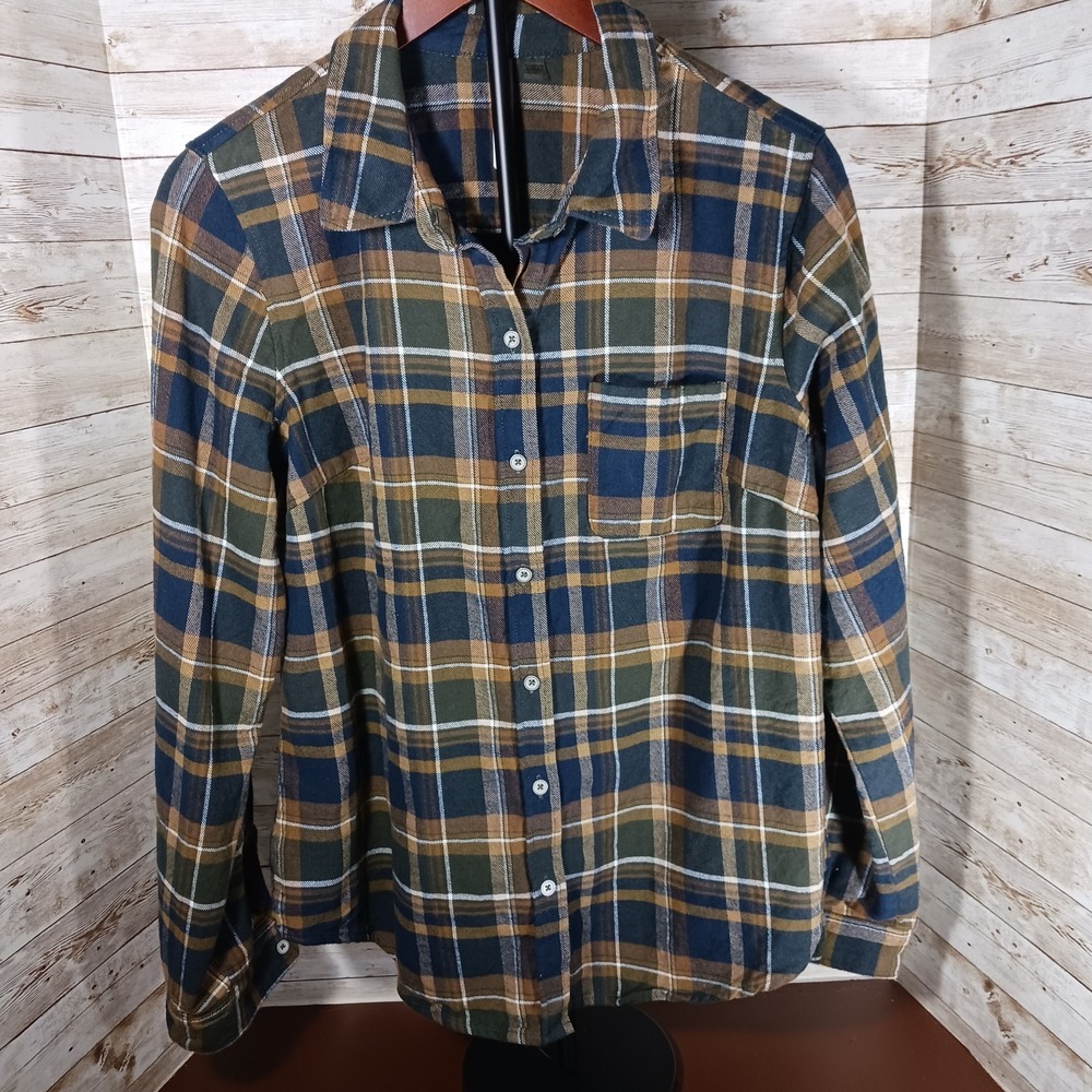 New York Collection Women's Brown Plaid Flannel Shirt Sz Large